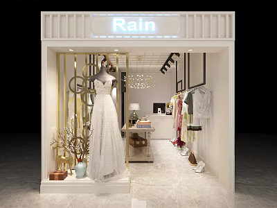 Rain Clothing Store With Wedding Dress Clothes Display Racks And Chandelier Decorations 3d model