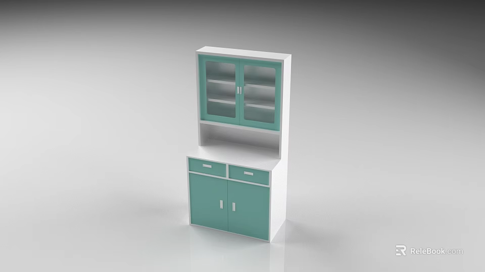 Modern Storage Cabinet in Turquoise and White with Glass Front Doors Drawers and Cabinet Compartments 3d model 