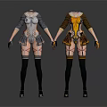 Woman In Stylish Silver Gray And Yellow Brown Outfits With Thigh High Socks And Gloves