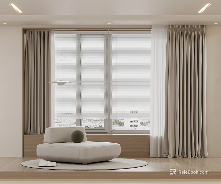 Beige Curtains And Window Blinds In Modern Living Room With White Round Sofa 3d model 