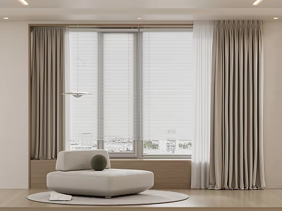 Beige Curtains And Window Blinds In Modern Living Room With White Round Sofa 3d model