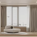 Beige Curtains And Window Blinds In Modern Living Room With White Round Sofa