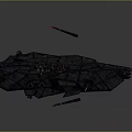 Massive Dark Interstellar Spacecraft In Space With Floating Debris And Red Module 3d model
