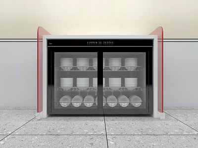 Double Door Glass Front Kitchen Dish Sterilizer With Red Accents And Plate Storage 3d model
