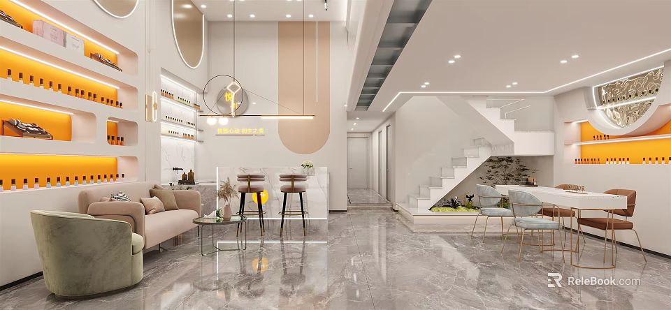 Stylish Modern Beauty Salon Interior Design With Sofa Bar Stools Marble Floor And Pendant Lights 3d model 