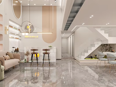 Stylish Modern Beauty Salon Interior Design With Sofa Bar Stools Marble Floor And Pendant Lights 3d model