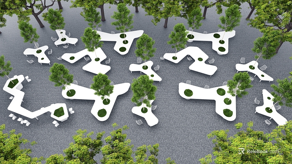 White Irregular Shaped Tree Planters with Seats in Urban Park Paved Ground Landscape 3d model 