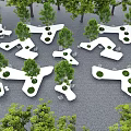 White Irregular Shaped Tree Planters with Seats in Urban Park Paved Ground Landscape