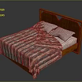 Classic Wooden Bed Frame With Carved Headboard And Striped Blanket With Pillows