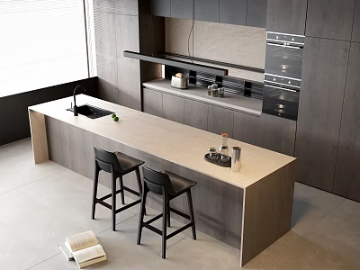 Modern Bright Kitchen Interior With Light Island Counter Black Bar Stools And Dark Cabinets 3d model