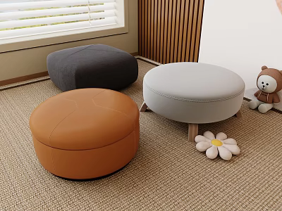 Round Ottoman Footstools in Brown Gray with Teddy Bear and Daisy on Carpeted Floor 3d model