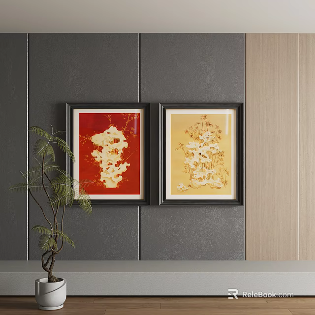 Framed Abstract Paintings With Red And Yellow Backgrounds White Patterns Hanging On Gray Wall 3d model