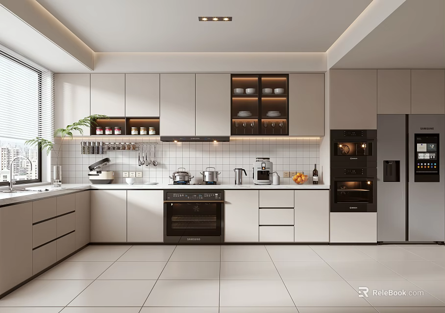 Modern Kitchen Interior With White Cabinets Oven Refrigerator Window Plant And Dish Rack 3d model 