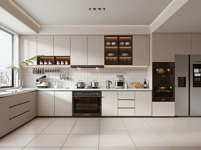Modern Kitchen Interior With White Cabinets Oven Refrigerator Window Plant And Dish Rack 3d model