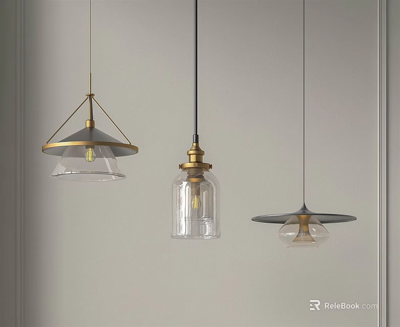 Three Modern Pendant Lights With Metal Frames Glass Shades And Stylish Designs For Home Interior 3d model 