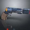Futuristic Blue Orange Red Pistol With Brown Grip Textured Sci Fi Weapon Design