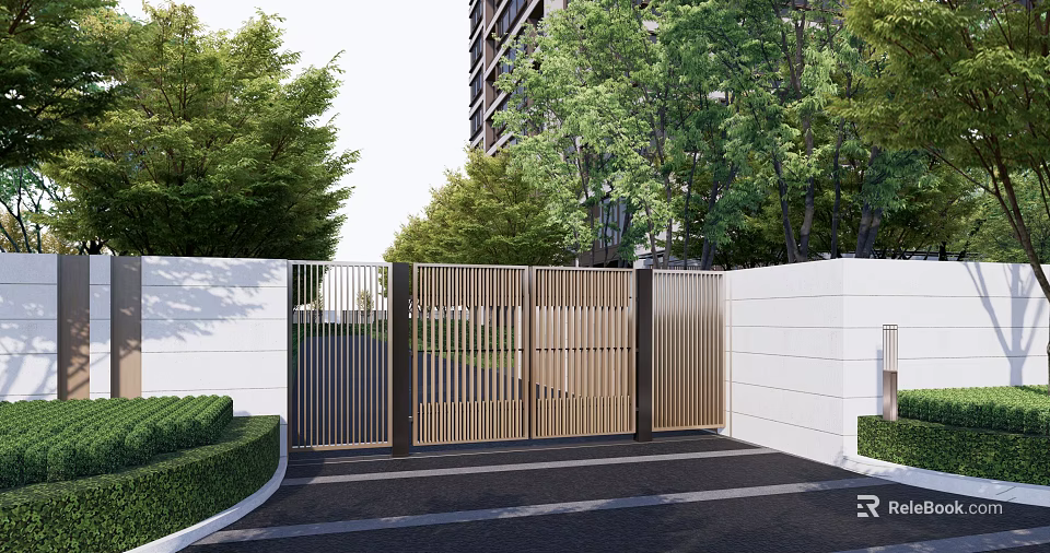 Modern Entrance Gate With Vertical Slat Design Surrounded by Green Trees and White Walls 3d model 