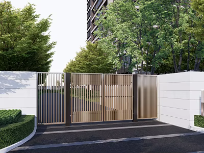 Modern Entrance Gate With Vertical Slat Design Surrounded by Green Trees and White Walls 3d model