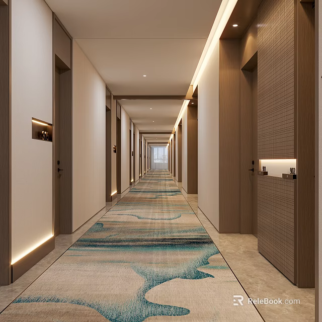 Modern Hotel Corridor With Blue Green Wave Pattern Carpet Wooden Doors And Recessed Lighting 3d model 