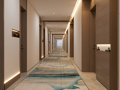 Modern Hotel Corridor With Blue Green Wave Pattern Carpet Wooden Doors And Recessed Lighting 3d model