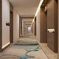 Modern Hotel Corridor With Blue Green Wave Pattern Carpet Wooden Doors And Recessed Lighting