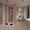 Modern Pastel Pink Bathroom Interior With Integrated Laundry Machines And Terrazzo Wall Decor Design