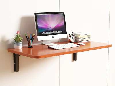 Wall Mounted Wooden Desk With Computer Keyboard Mouse Alarm Clock Books And Small Plant 3d model