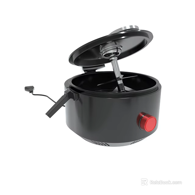 Black Air Fryer with Open Lid Red Control Knob and Modern Design 3d model 