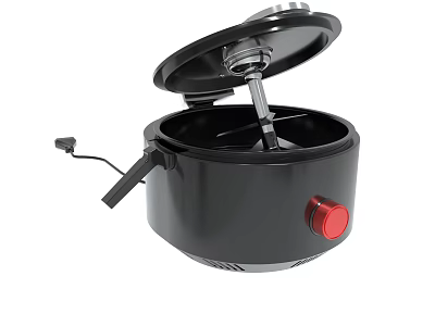 Black Air Fryer with Open Lid Red Control Knob and Modern Design 3d model