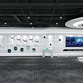 Modern Exhibition Hall With White Wall Circular Displays Digital Screens And Control Consoles