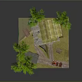 Cartoon Model Scene With Brown House Chimney Green Trees Small Shed and Vintage Car