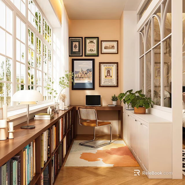 Home Balcony Interior with Natural Light Framed Pictures Desk Laptop Plants and Bookshelf 3d model 