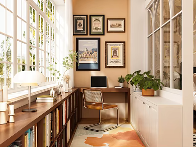 Home Balcony Interior with Natural Light Framed Pictures Desk Laptop Plants and Bookshelf 3d model