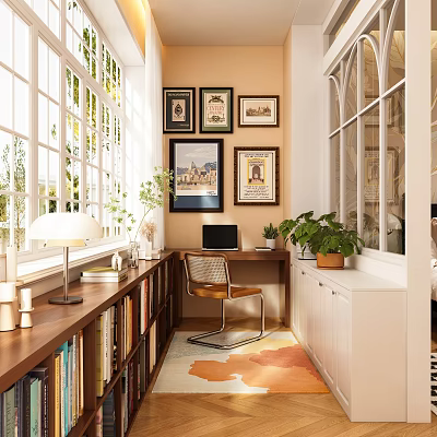 Home Balcony Interior with Natural Light Framed Pictures Desk Laptop Plants and Bookshelf 3d model