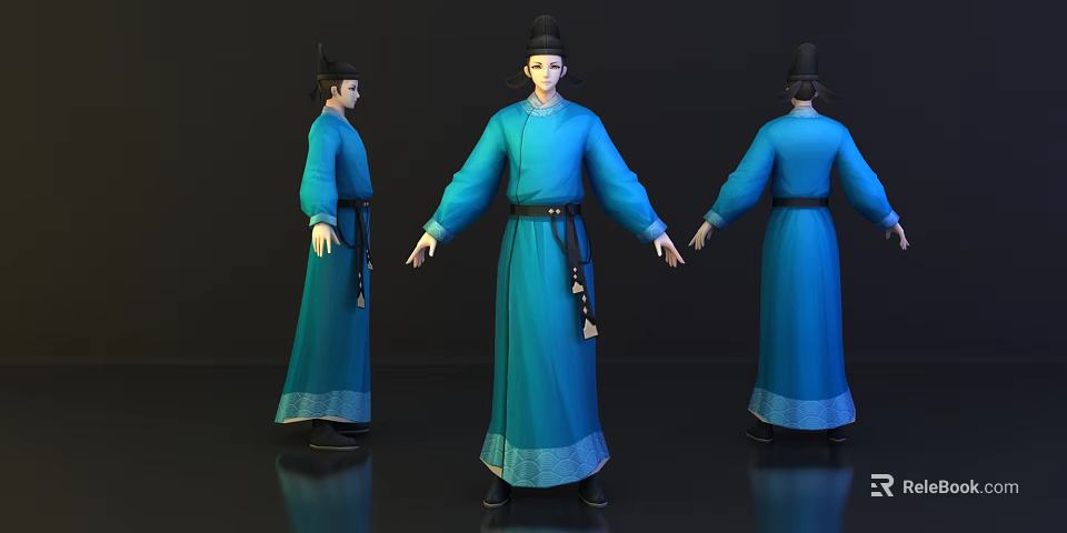 Ancient Character In Blue Robe With Black Hat Three Angles 3D Model Detailed 3d model