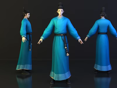 Ancient Character In Blue Robe With Black Hat Three Angles 3D Model Detailed 3d model