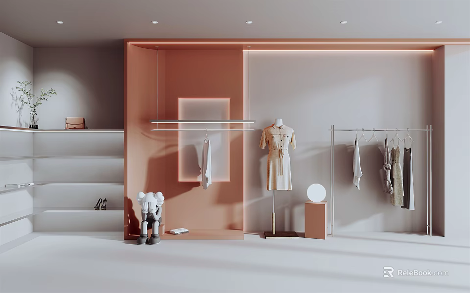 Modern Fashion Clothing Store Interior With Hanging Racks Mannequin And Stylish Garments 3d model 