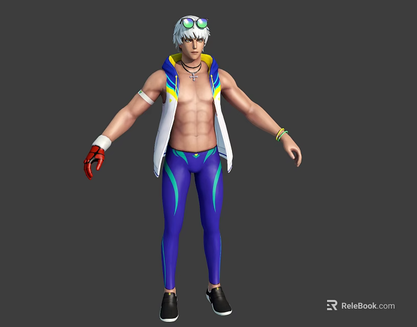 White Haired Male Character With Goggles Open Vest Blue Striped Pants And Red Gloves 3d model 