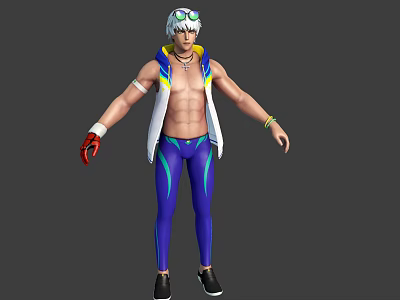 White Haired Male Character With Goggles Open Vest Blue Striped Pants And Red Gloves 3d model