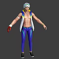 White Haired Male Character With Goggles Open Vest Blue Striped Pants And Red Gloves