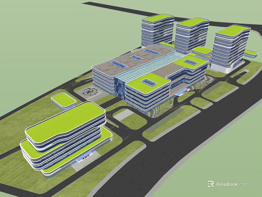 Modern Building Complex with Green Rooftops and Tall Structures Surrounded by Roads and Green Spaces 3d model