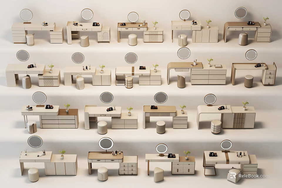 Modern Dressing Table Collection With Round Mirrors Drawers And Stool Designs 3d model
