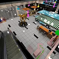 Shopping Mall Lobby With Yellow Robot Statue Light Blue Vehicle And Colorful Pendant Lights