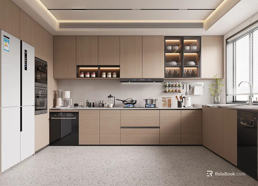Modern Kitchen Interior With Wooden Cabinets White Refrigerator Countertop Kitchenware And Glass Door Wall Cabinets 3d model 