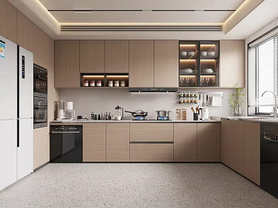Modern Kitchen Interior With Wooden Cabinets White Refrigerator Countertop Kitchenware And Glass Door Wall Cabinets 3d model