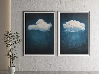 Two Framed Cloud Paintings On Textured Wall With Potted Plant And White Pot 3d model