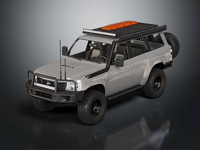 Gray Off-Road SUV With Roof Rack Orange Light Bar And Large Tires 3d model