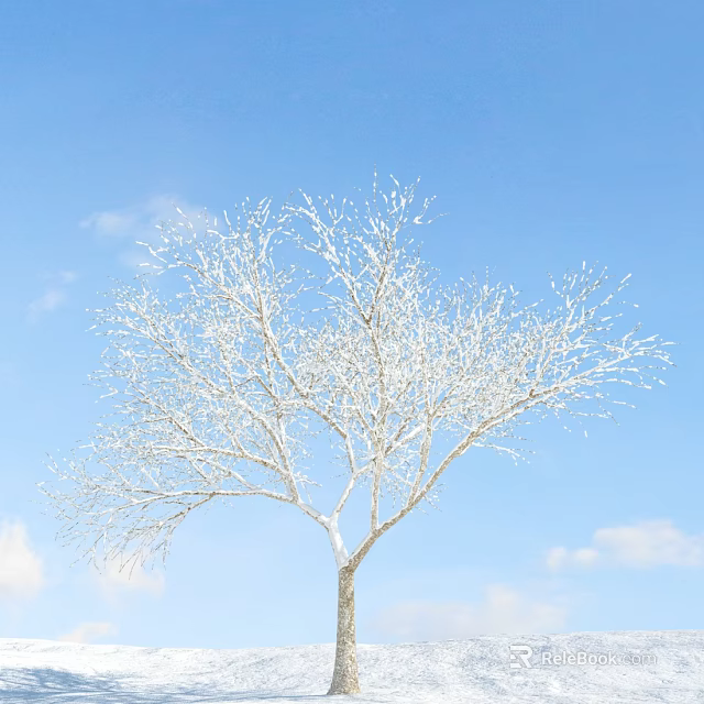 Snow Covered Arbor Tree With Bare Branches Against Blue Sky And White Clouds 3d model 