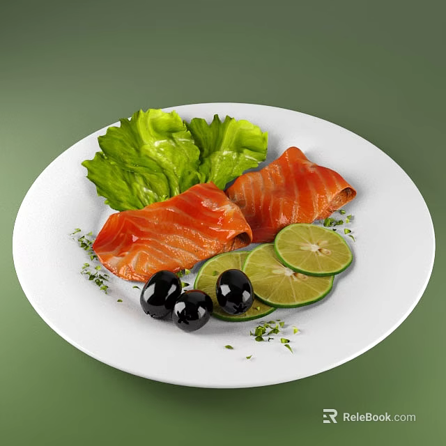 Smoked Salmon Dish With Fresh Lettuce Lime Slices Black Olives And Herbs On White Plate 3d model 