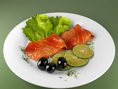 Smoked Salmon Dish With Fresh Lettuce Lime Slices Black Olives And Herbs On White Plate 3d model